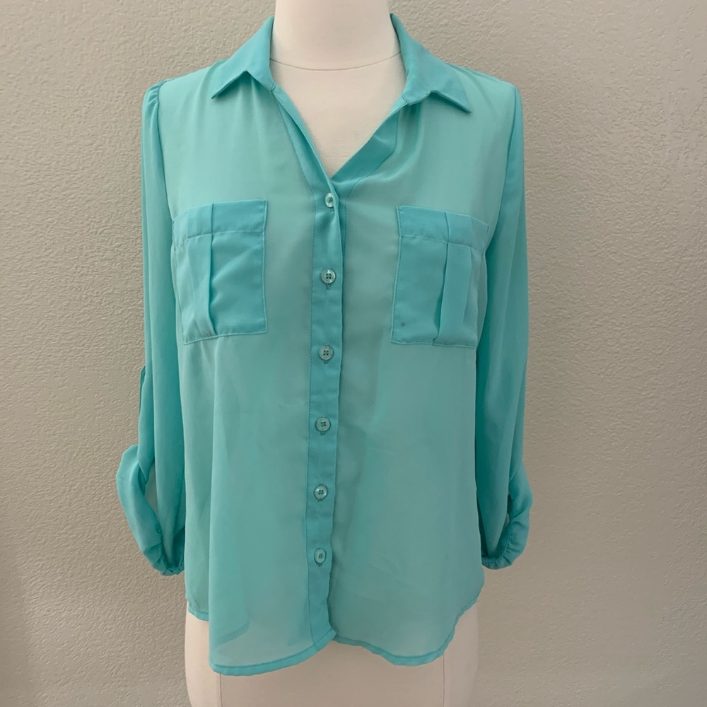 Teal Sheer Button Up 3/4 Sleeve